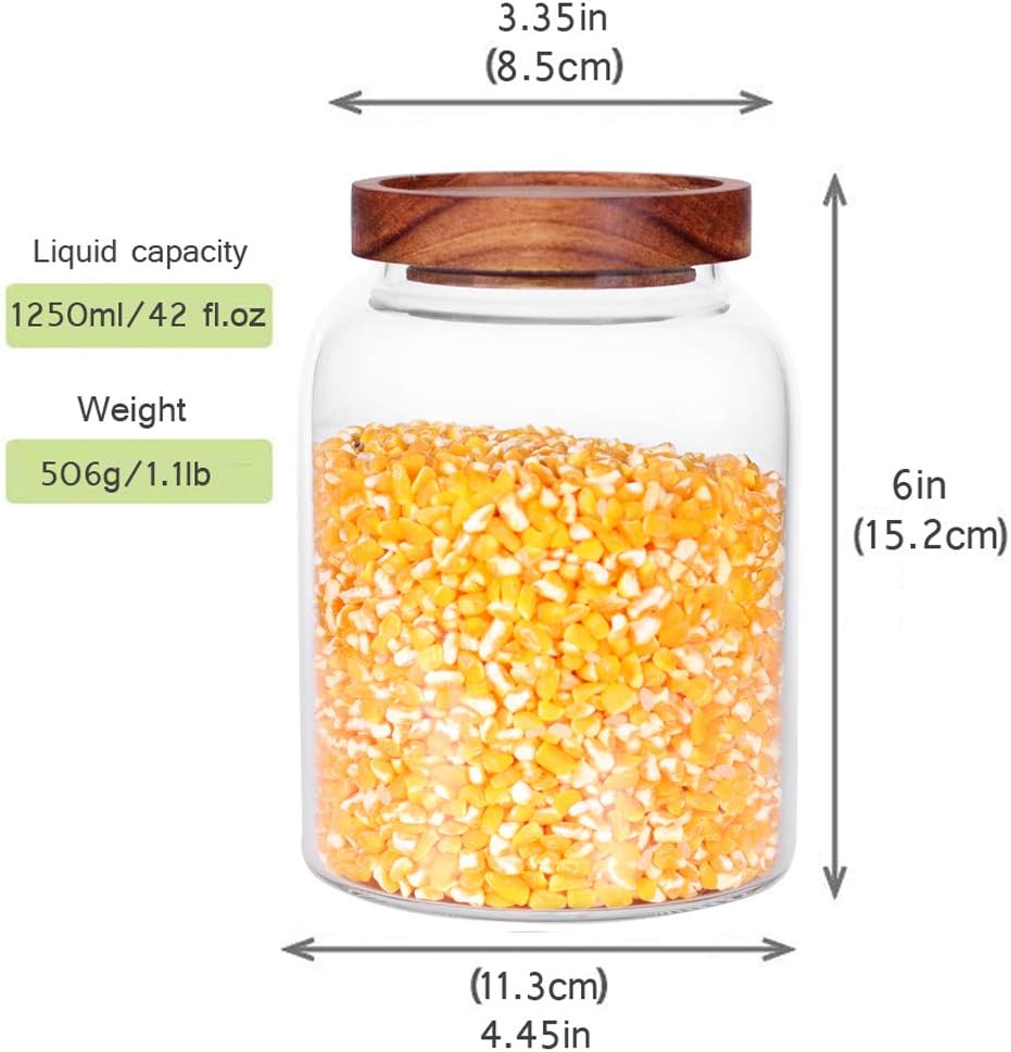 Glass Storage Jars with Airtight Lids, Set of 2 42 FL OZ (1250ml) coffee container with Wooden Lid