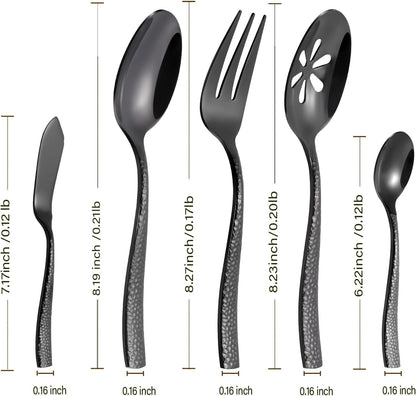 Silverware 65-Piece Black Hammered Flatware Set with Serving Utensils Stainless Steel Thick Handle