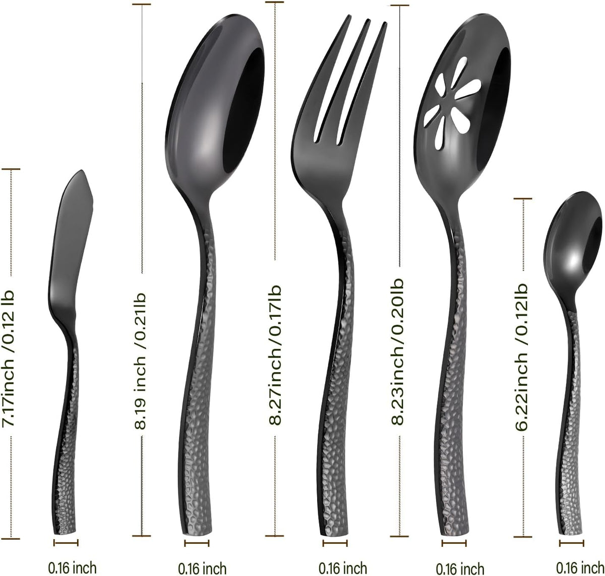 Silverware 45-Piece Black Hammered Flatware Set with Serving Utensils Stainless Steel Thick Handle