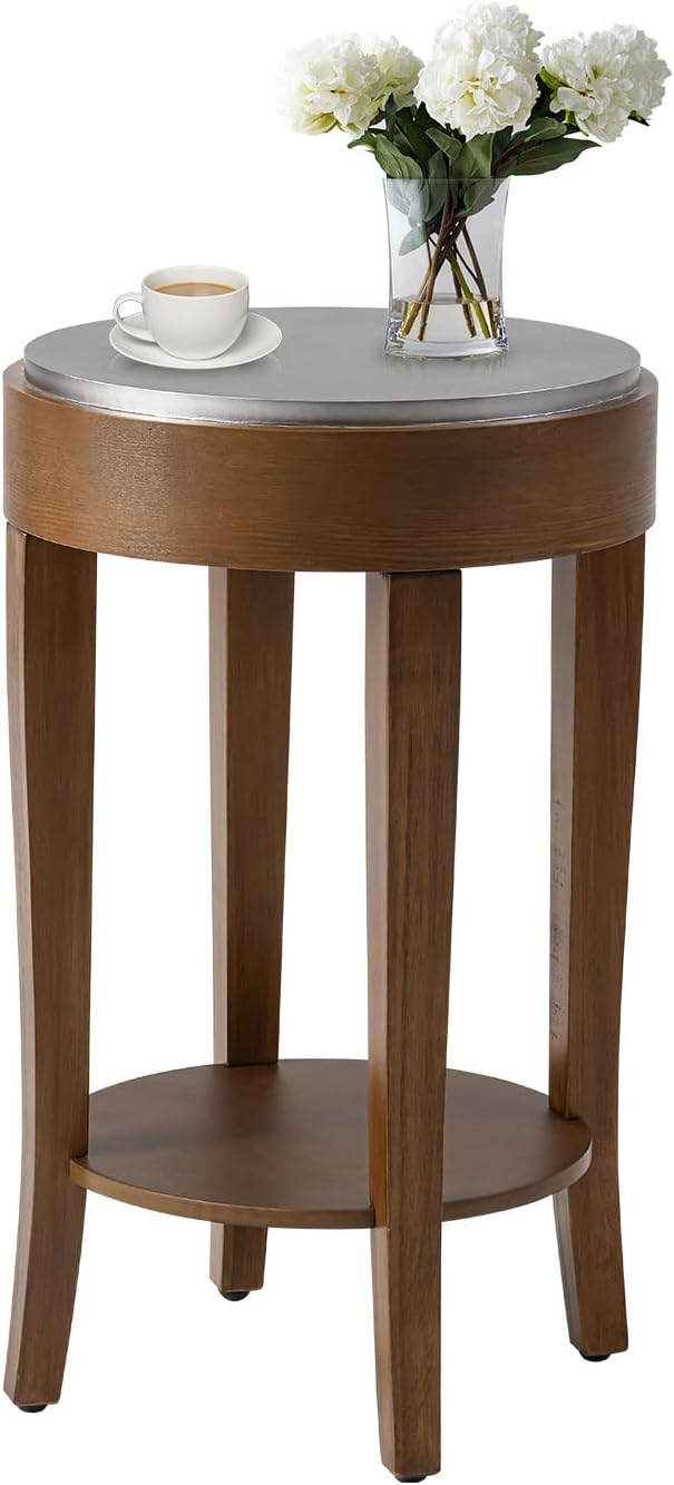 COSIEST Round End Table, 2-Tier Classic Brown Side Table, Farmhouse Wood Accent Table with Storage