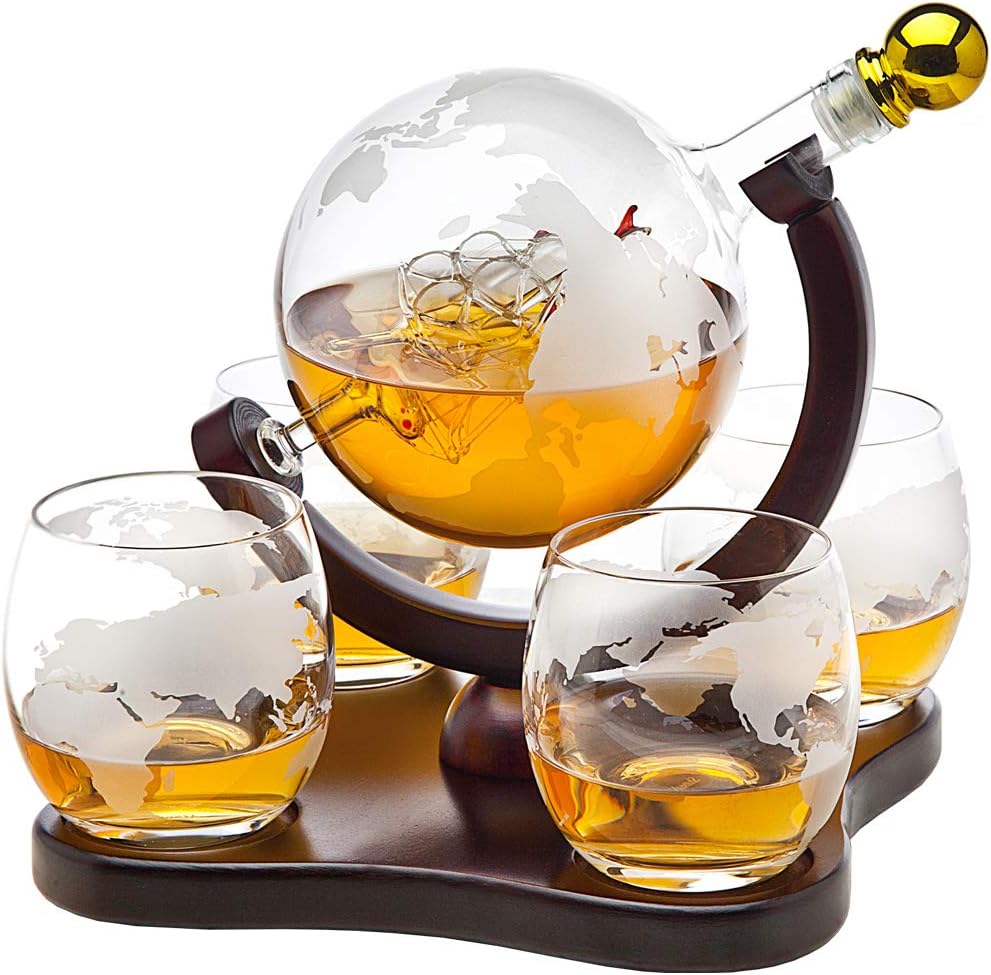 Godinger Whiskey Decanter Globe Set with 4 Etched Glasses for Liquor, Scotch, Bourbon, Vodka, Gifts