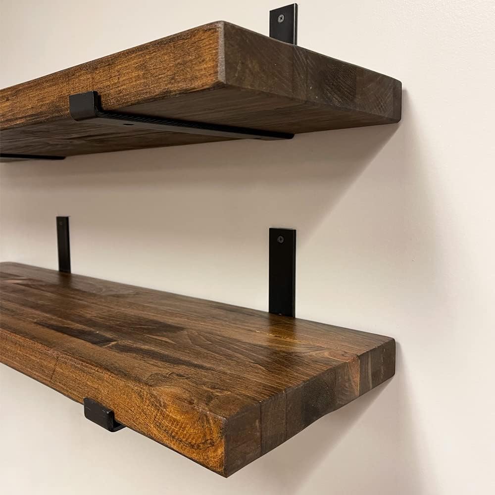 Rustic Shelves with J-Brackets Set of 2, Industrial Shelf, Kitchen Shelves, Solid Wood, Decorative