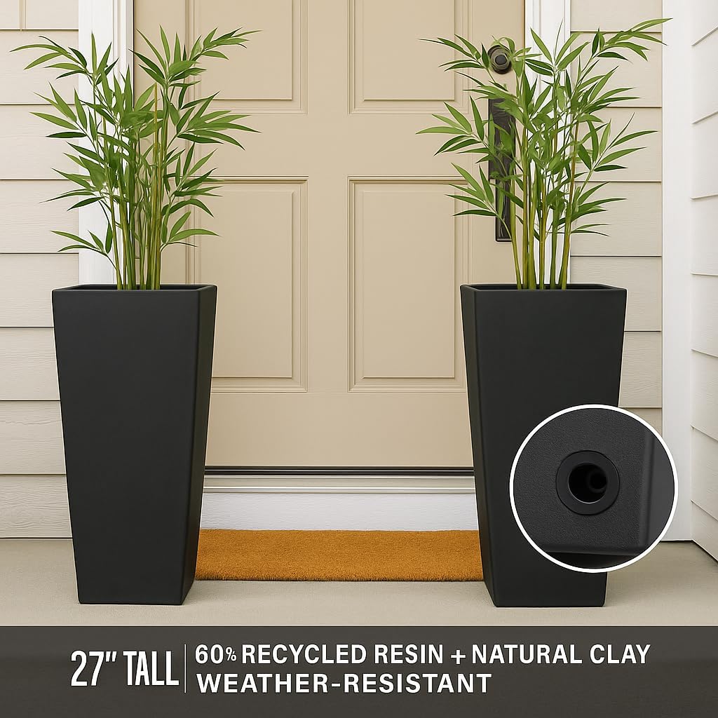 GreenShip 27" Tall Planters, Set of 2 – Black Outdoor Planter for Front Porch & Tall Plants