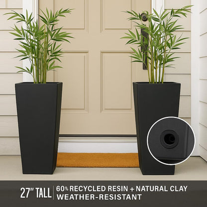 GreenShip 27" Tall Planters, Set of 2 – Black Outdoor Planter for Front Porch & Tall Plants