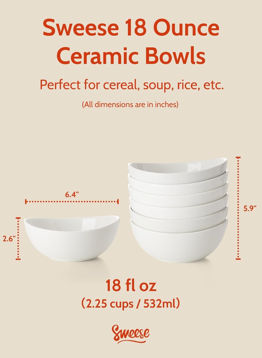 Sweese Porcelain Bowls Set - 6 Inch, 18 oz, White, for Soup, Cereal, Fruit, Rice, Set of 6