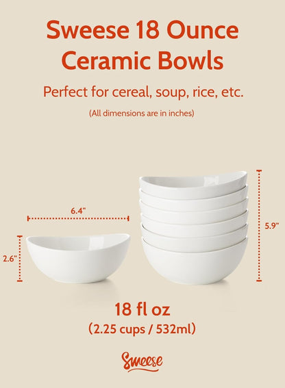 Sweese Porcelain Bowls Set - 6 Inch, 18 oz, White, for Soup, Cereal, Fruit, Rice, Set of 6