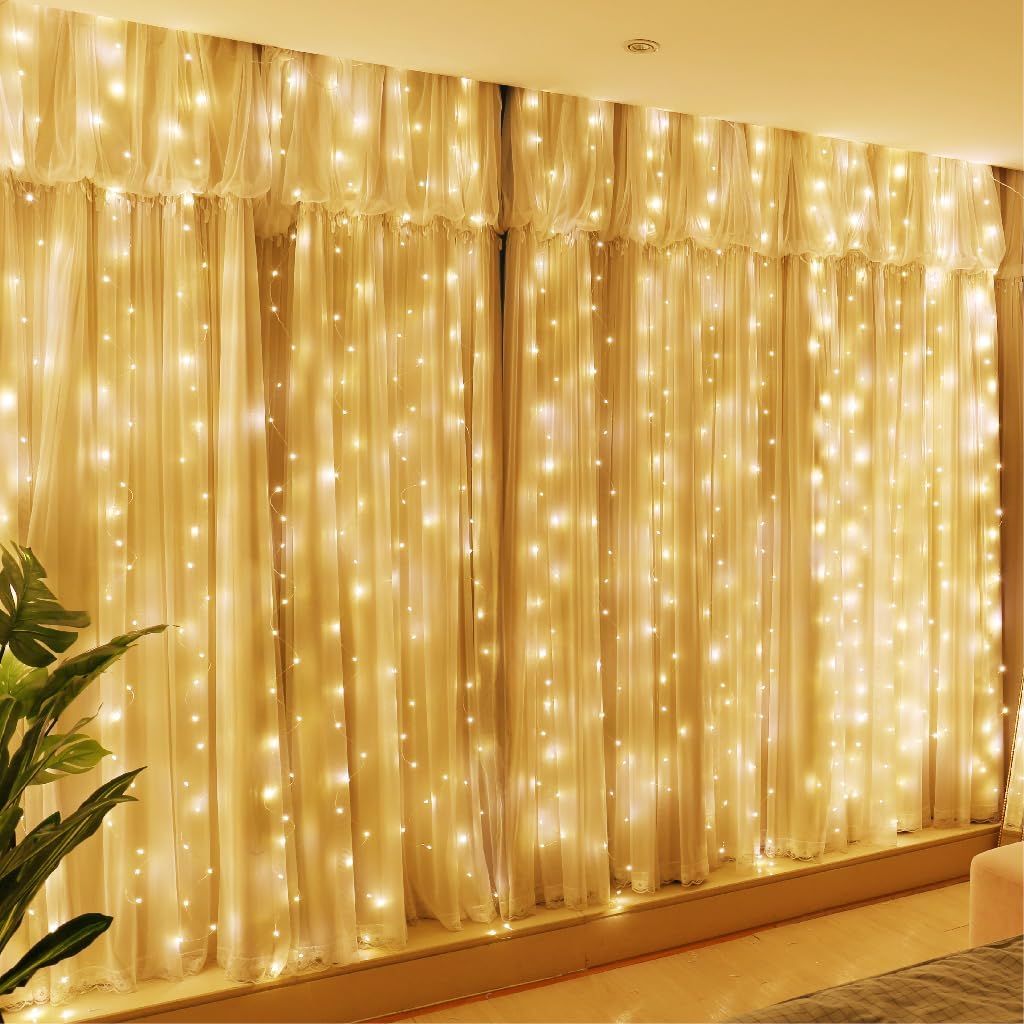 HXWEIYE 300LED Fairy Curtain Lights, 9.8x9.8Ft Warm White USB Plug in 8 Modes Christmas String