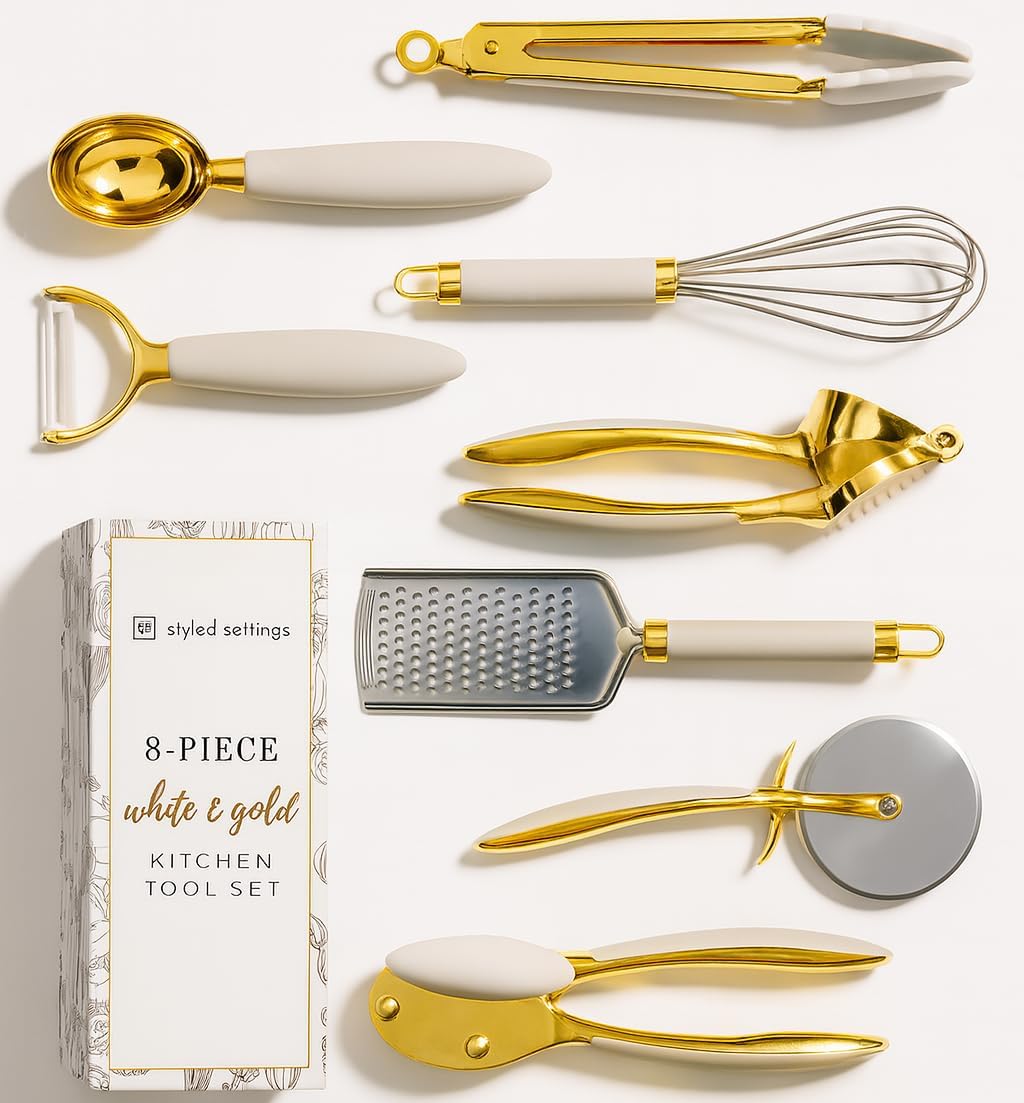 White & Gold Cooking Utensils Set - Luxe 8-Piece Kitchen Gadget Set Includes Can Opener, Tongs and