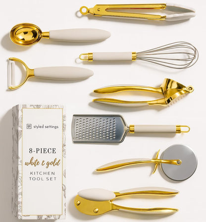 White & Gold Cooking Utensils Set - Luxe 8-Piece Kitchen Gadget Set Includes Can Opener, Tongs and