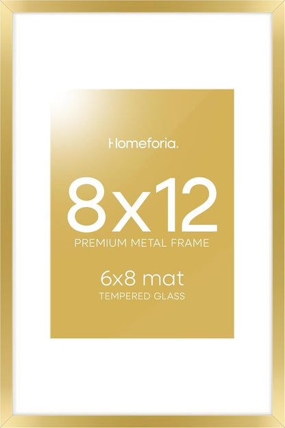 Homeforia 8x12 Picture Frame Gold, High End Metal 8 x 12 Poster Frames with Mat 6 by 8 for Photo