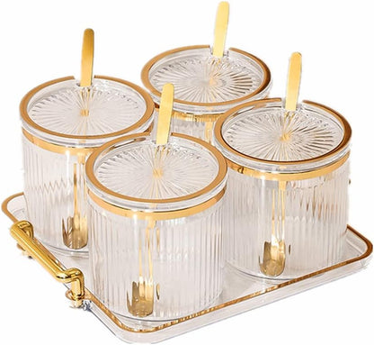 Acrylic Condiment Spice Jars,Condiment Spice Box With Lids and Spoons and Tray,Clear Plastic Sugar