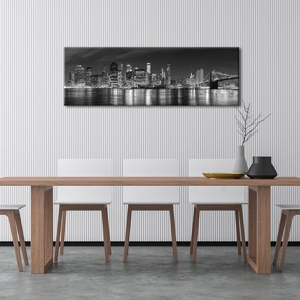Wieco Art New York Manhattan Night View in Black and White Giclee Canvas Prints Modern Stretched