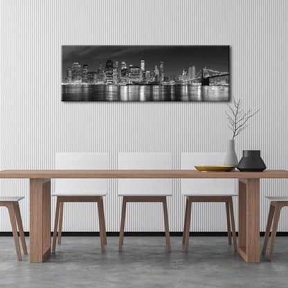 Wieco Art New York Manhattan Night View in Black and White Giclee Canvas Prints Modern Stretched