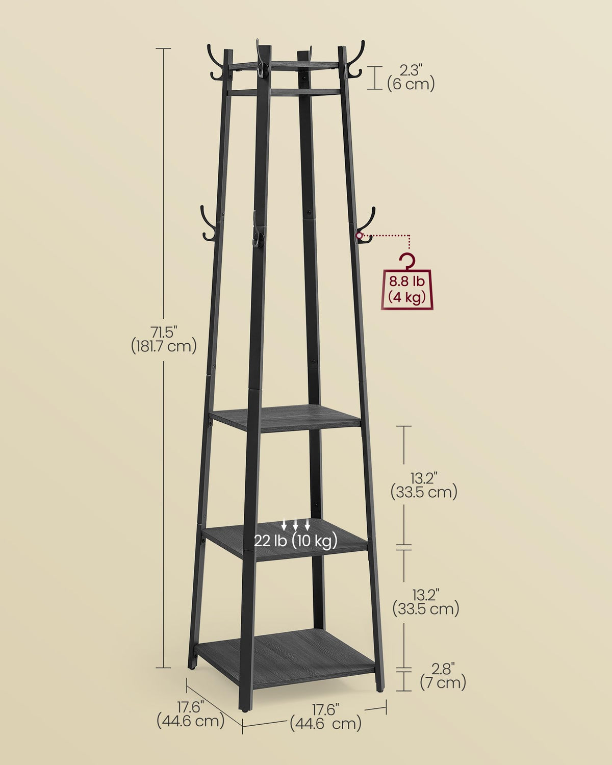 VASAGLE Coat Rack Freestanding, Hall Tree with 4 Shelves
