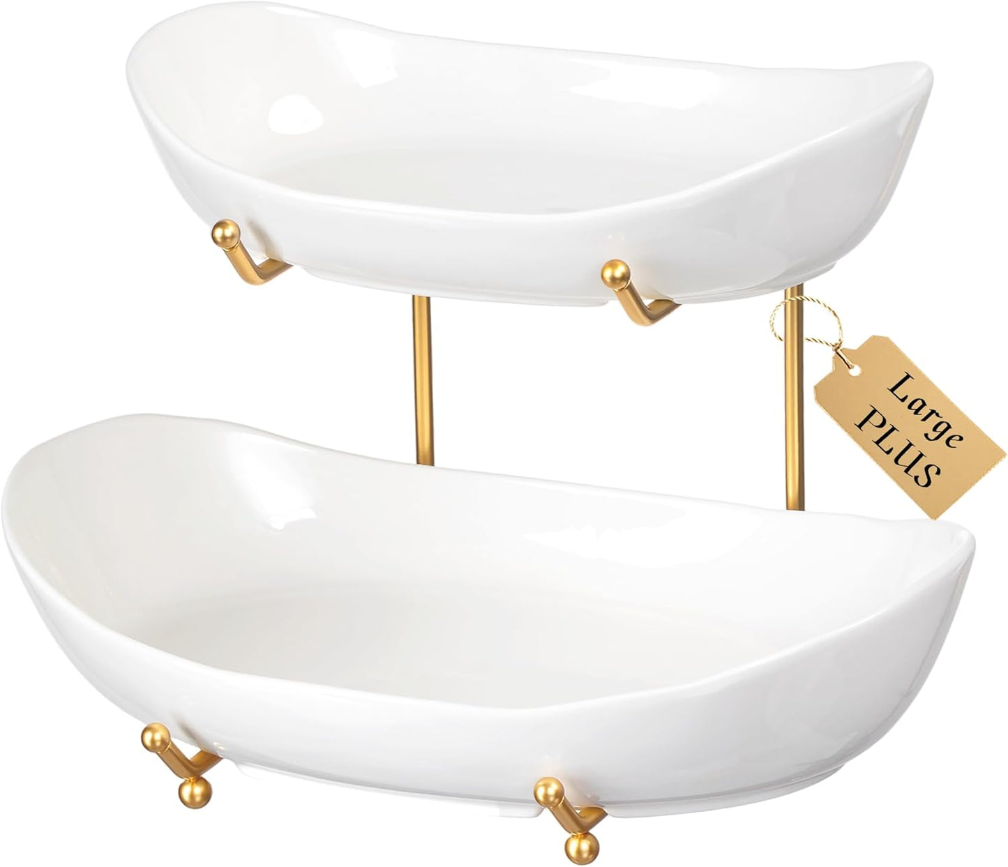 HBlife Extra Large Fruit Basket for Kitchen Counter - 2 Tier Ceramic Fruit Bowl with Metal Stand