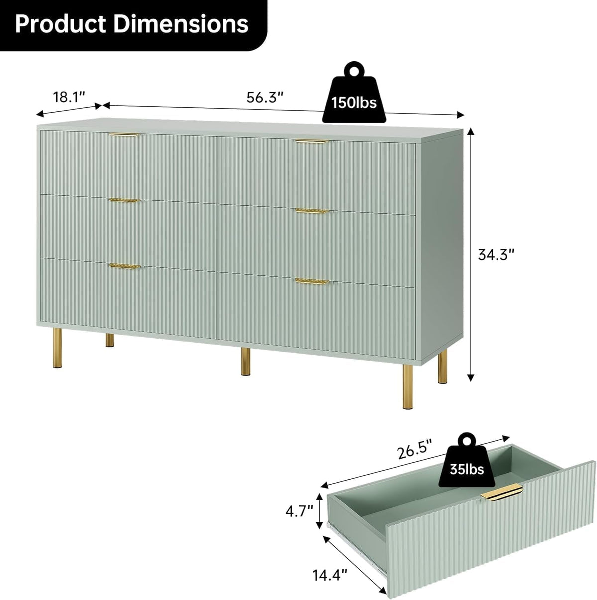 GAOMON 6 Drawer Dresser, Wood Chest of Drawers Organizer Storage with Gold Handle, Large Storage