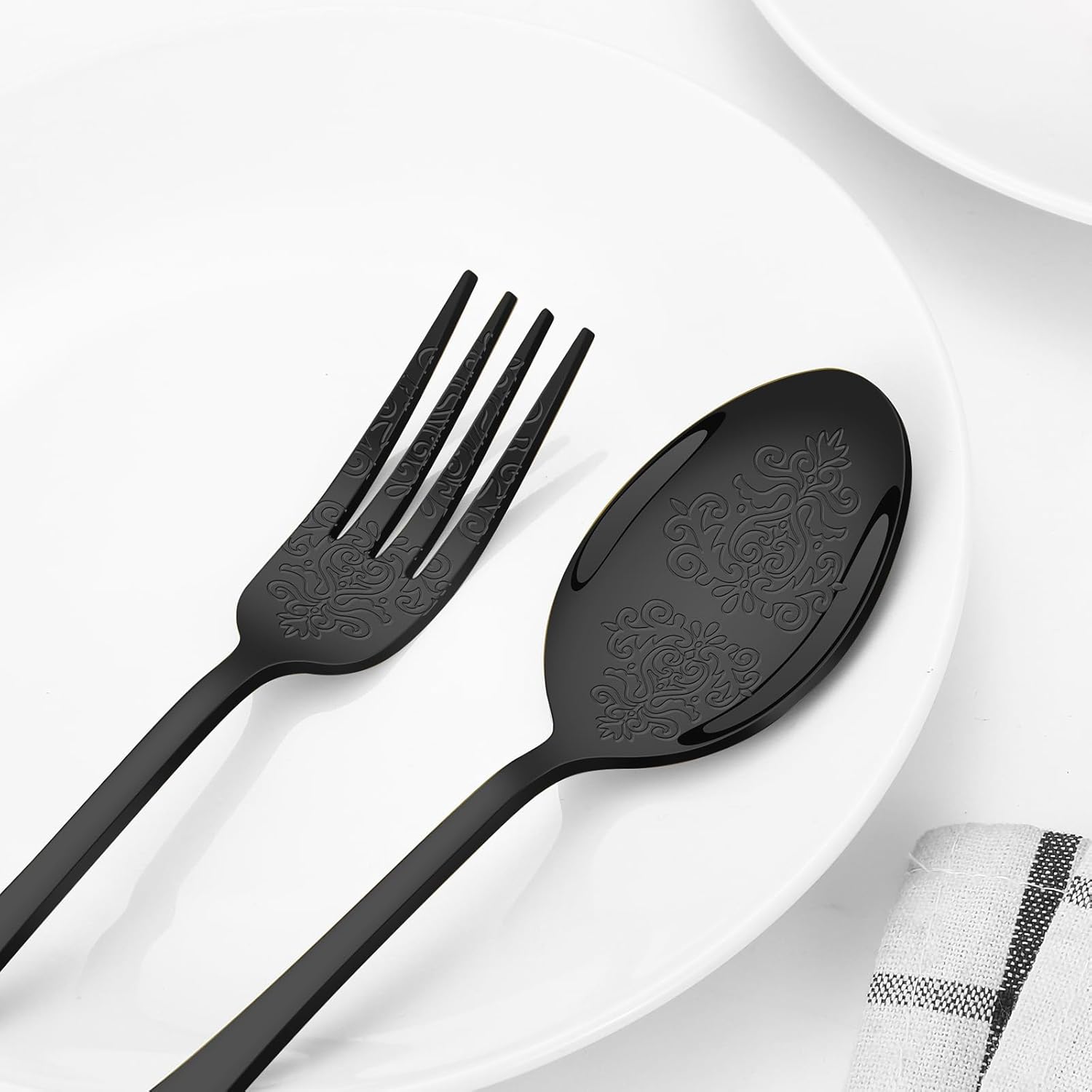 40 Pcs Black Silverware Set for 8 with Classical Flower Embossed Design, Food Grade Stainless Steel