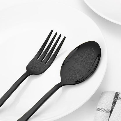 40 Pcs Black Silverware Set for 8 with Classical Flower Embossed Design, Food Grade Stainless Steel