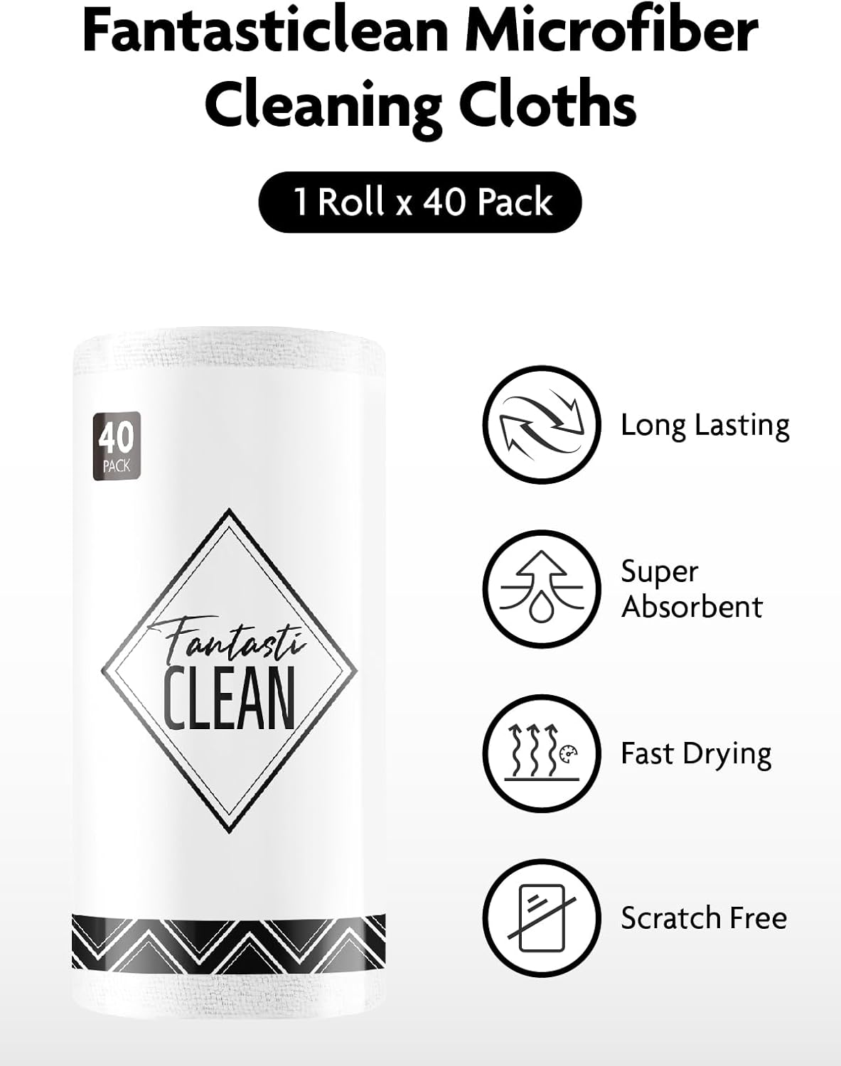 Fantasticlean Microfiber Cleaning Cloth Roll -40 Pack, Tear Away Microfiber Towels, 12" x 12"