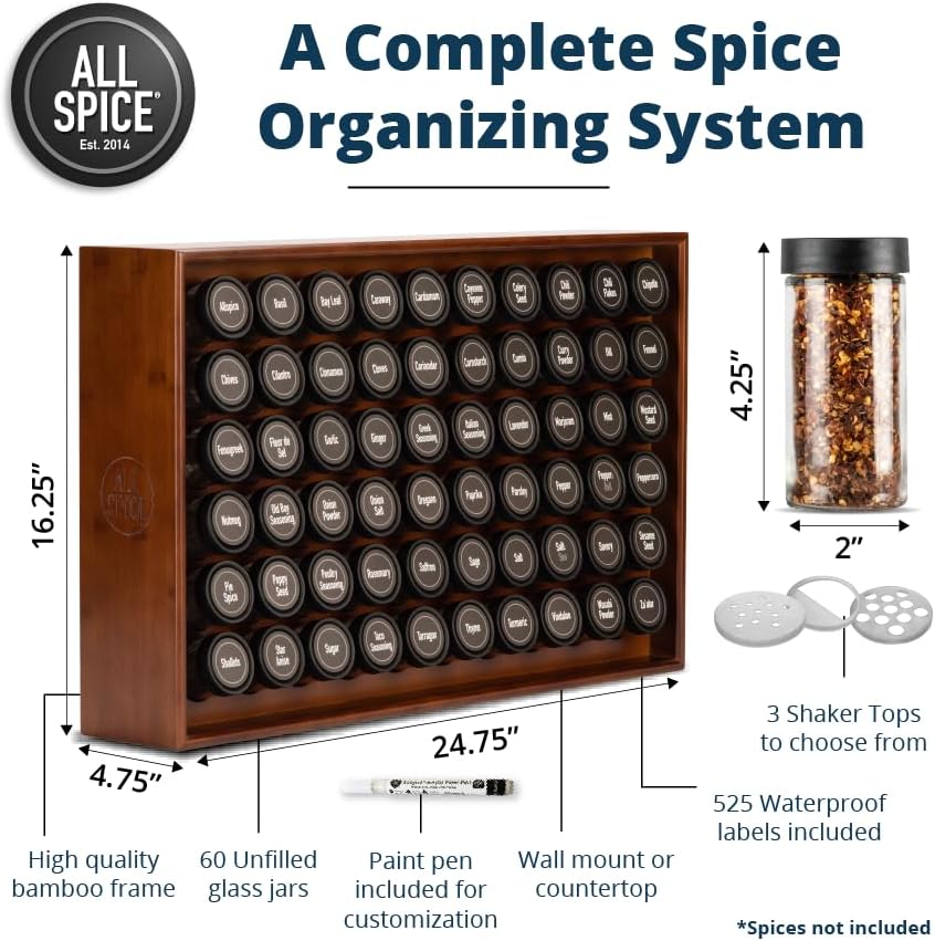 AllSpice Spice Rack Organizer, Wood, 525 Unique Labels, Countertop or Wall Mount, Includes 60 4oz