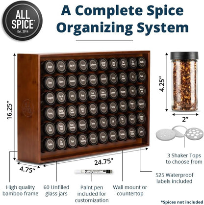 AllSpice Spice Rack Organizer, Wood, 525 Unique Labels, Countertop or Wall Mount, Includes 60 4oz