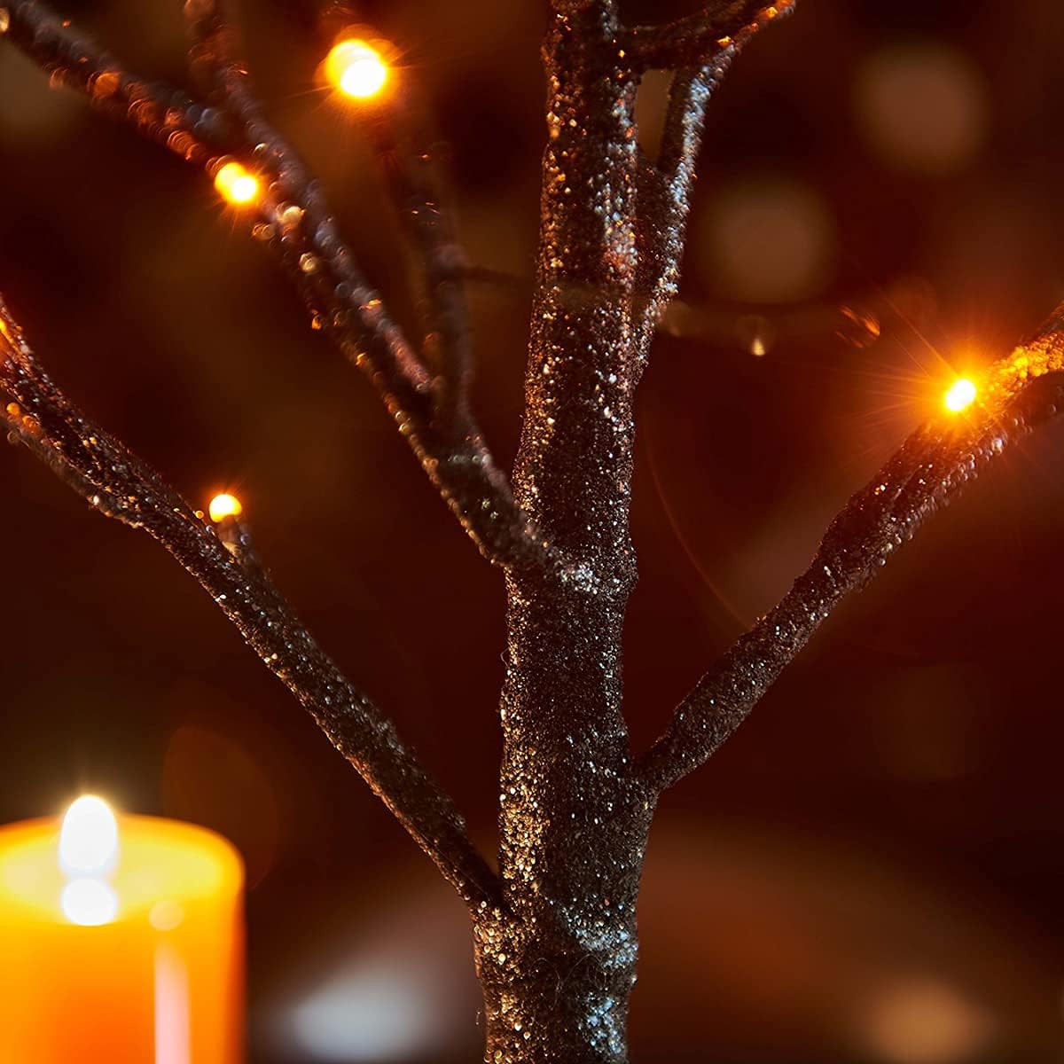 Fudios Black Halloween Tree with Lights 24 LED Orange with Timer, Lighted Tabletop Glittered Spooky