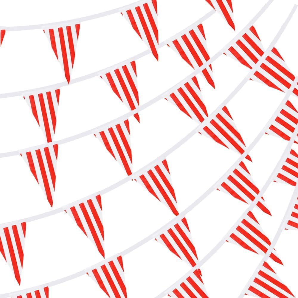 RUBFAC 170ft 120pcs Red and White Striped Pennant Banner, Carnival Circus Decorations Supplies