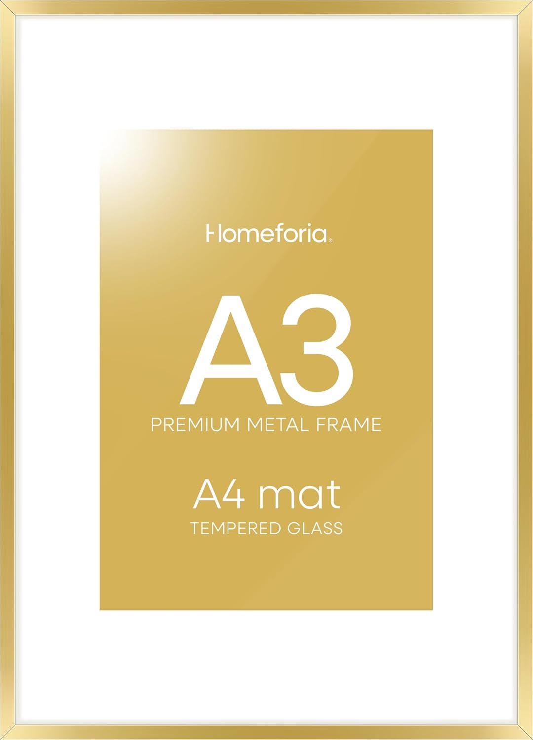 Homeforia A3 Picture Frame Gold, High End Metal 11.7 x 16.5 inch Poster Frames with Mat 8.3 by 11.7