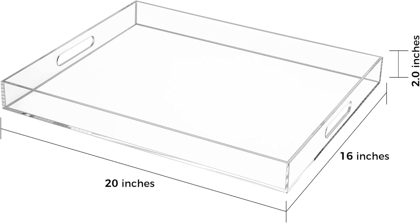 Clear Rectangular 16x20 Inches Acrylic Ottoman Tray Decorative Serving Tray with Cutout Handles