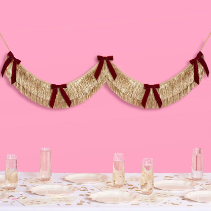 xo, Fetti Gold Fringe + Red Velvet Bow Banner 6 Ft. | Bachelorette Decoration, Christmas Party