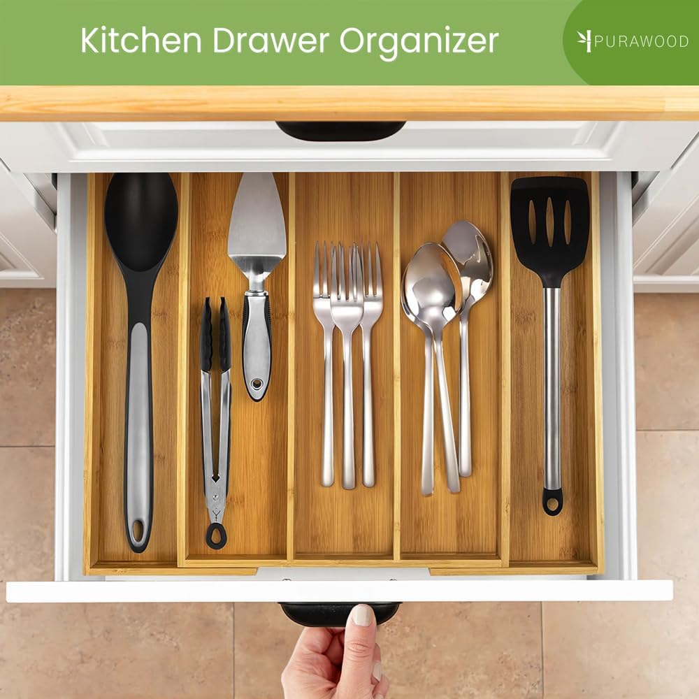 Purawood Kitchen Drawer Organizer, 2 Pack - Expandable Utensil Drawer Organizer for Kitchen
