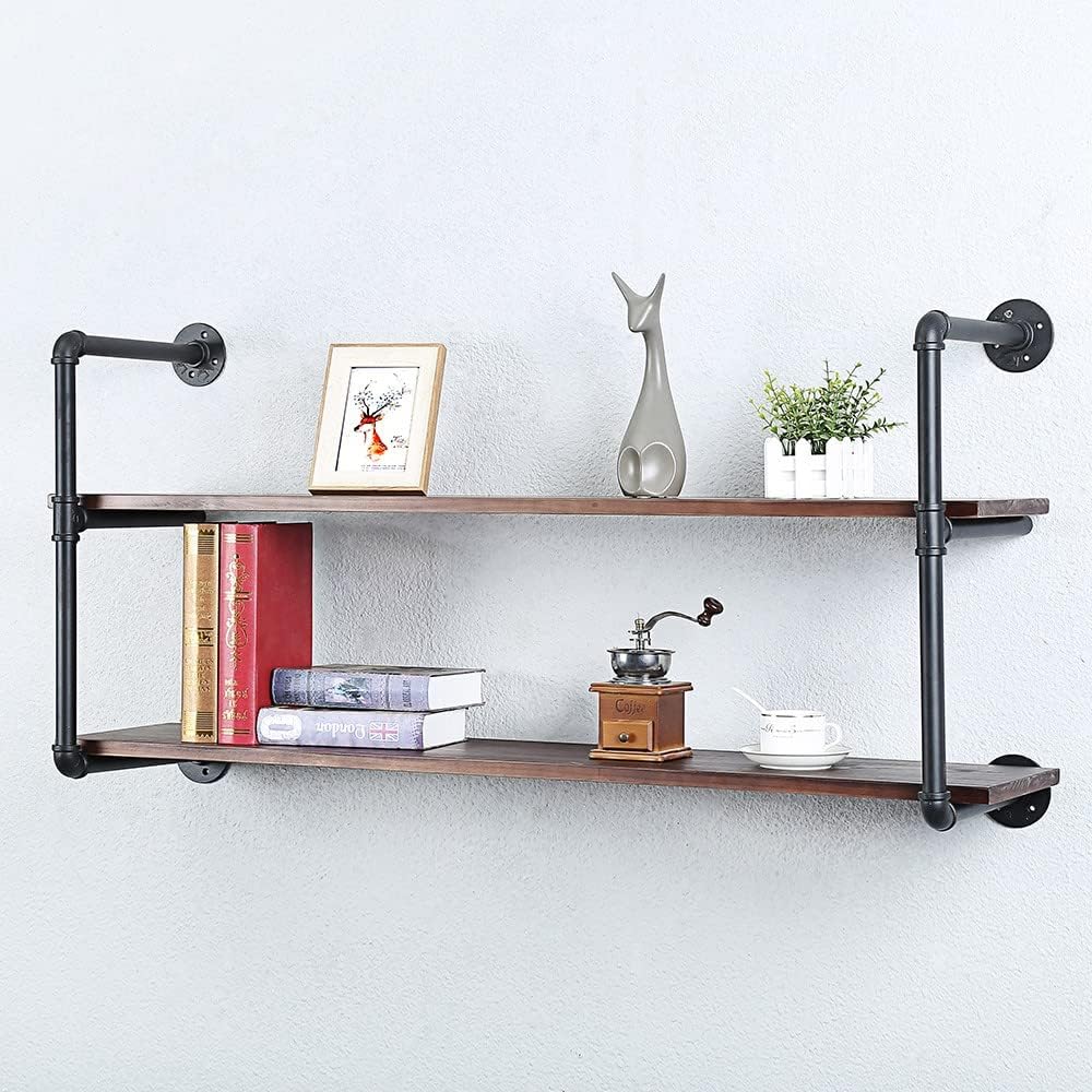 Industrial Pipe Shelving Wall Mounted,48in Rustic Metal Floating Shelves,Steampunk Real Wood Book