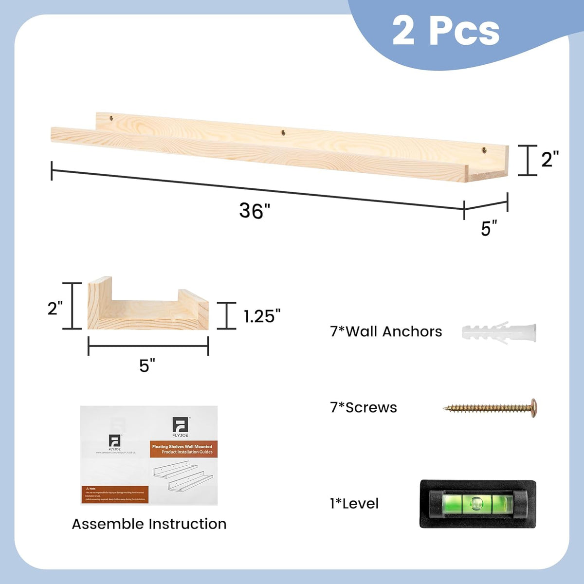 Picture Ledge Shelf for Wall, 36 inch Solid Pine Wood Nursery Book Shelves 2 Packs, Floating Ledge