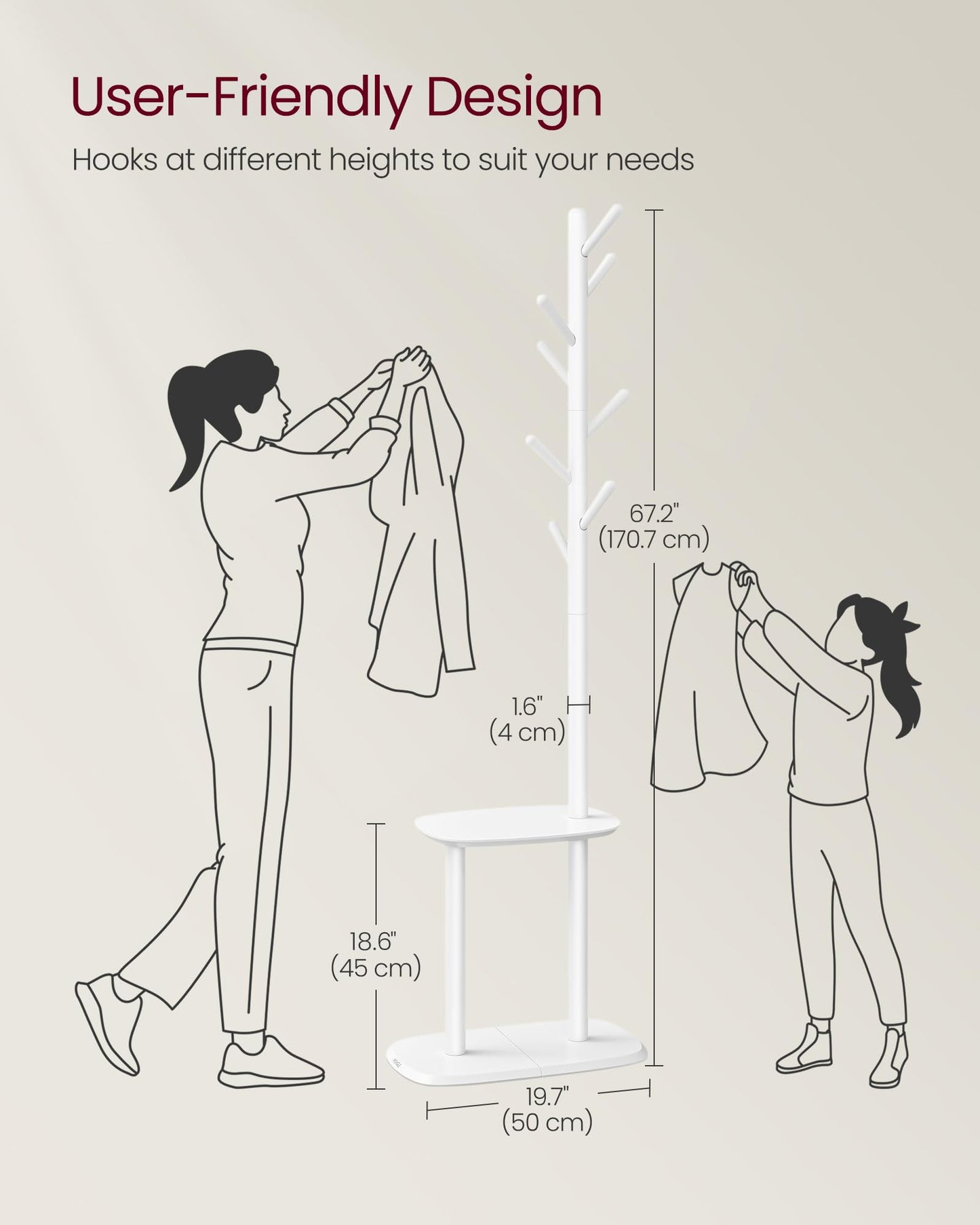 VASAGLE Coat Rack, Free Standing Coat Stand, Hall Coat Tree with 8 Hooks and Storage Shelf, 67.2
