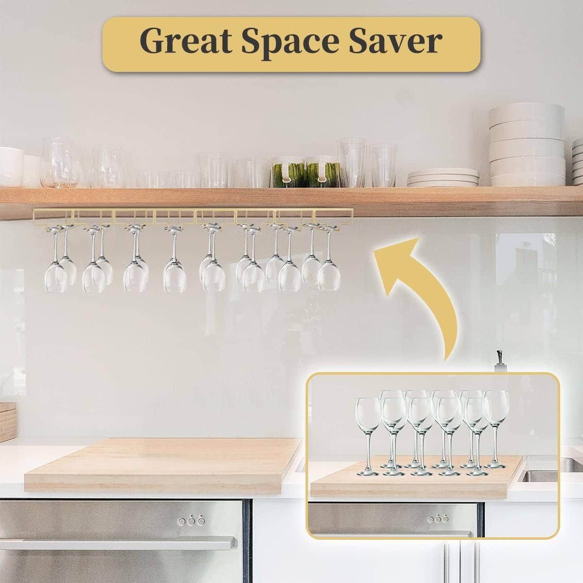 Xverycan Wine Glass Rack Under Cabinet, 8 Row Extreme Large Stemware Hanger, Metal Wine Goblet