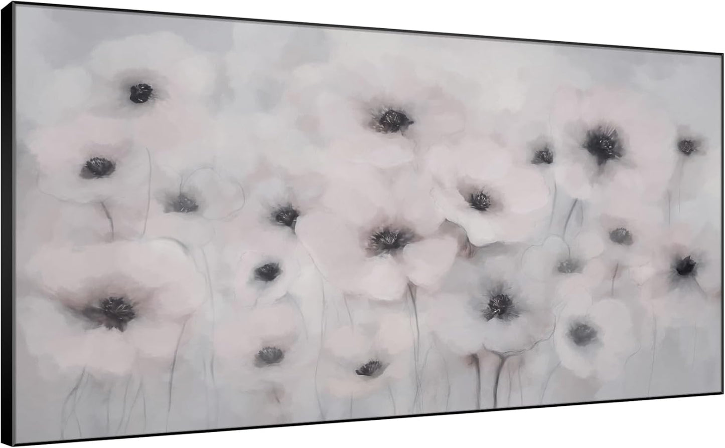 36"x72" Extra Large Framed Wall Art Soft White Poppies Watercolor Floral, Delicate Botanical for