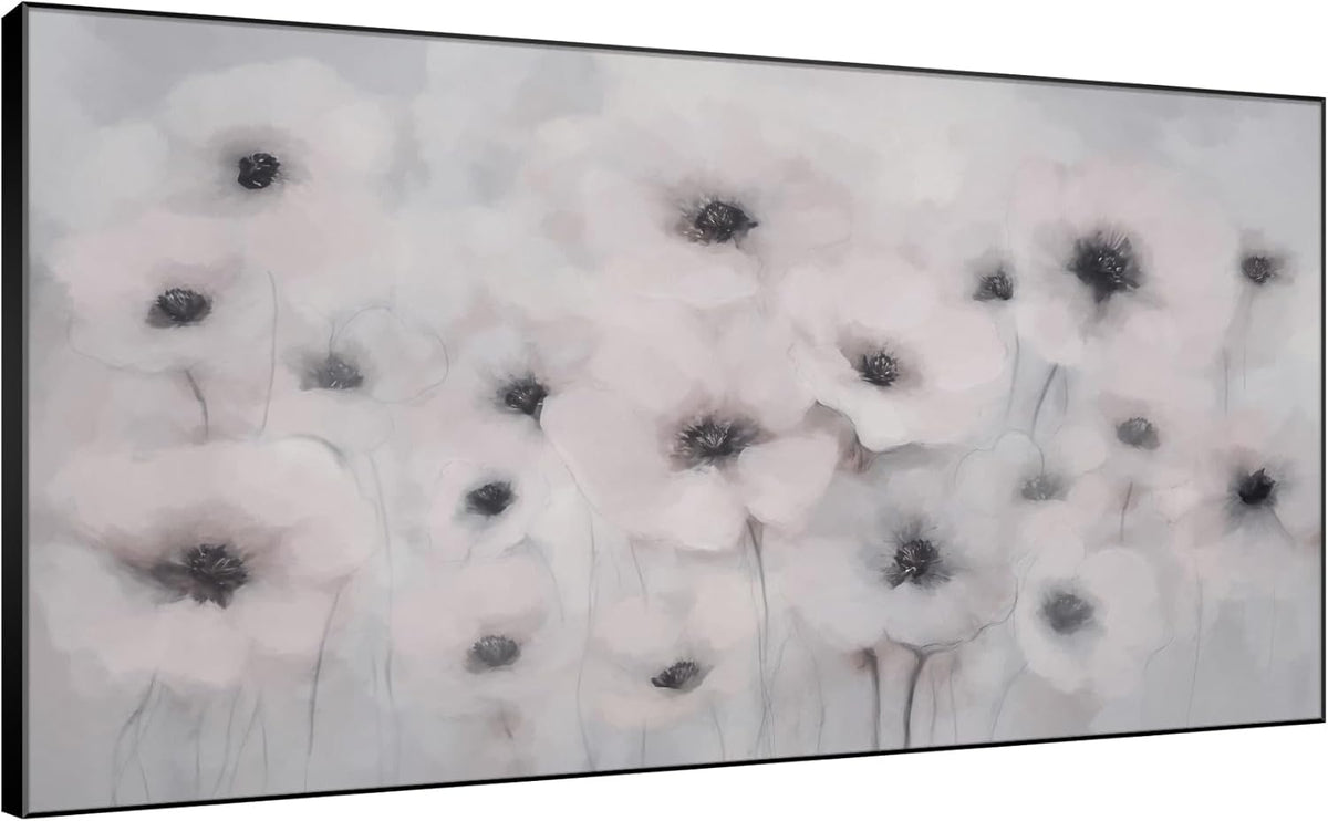 36"x72" Extra Large Framed Wall Art Soft White Poppies Watercolor Floral, Delicate Botanical for