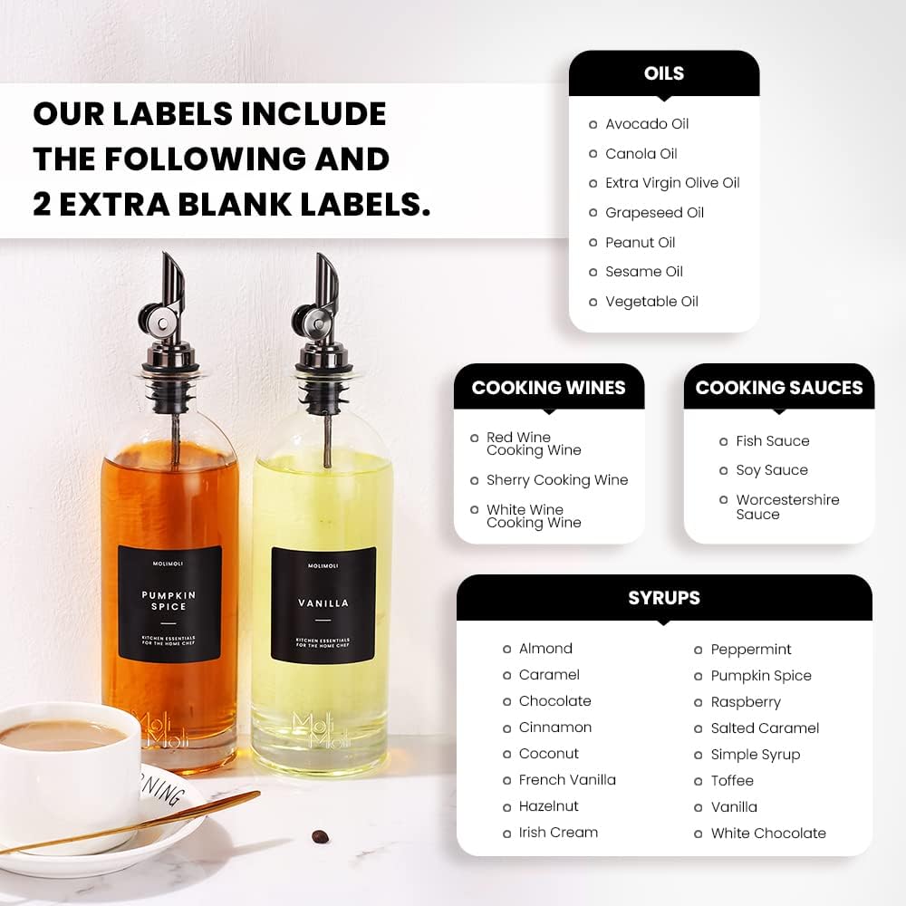 Molimoli Oil and Vinegar Dispenser with Metal Pour Spout, Weighted Pourer, Glass Bottle Dispenser