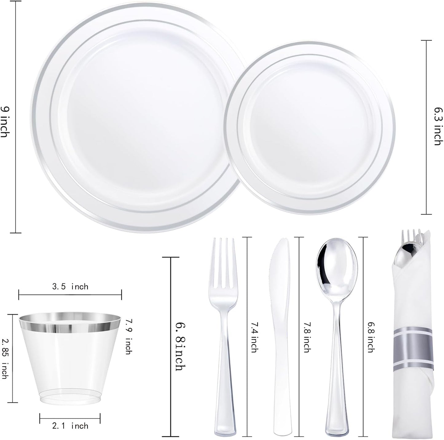 350Piece Silver Plastic Dinnerware Set for 50 Guests - Silver Plastic Plates with Cutlery