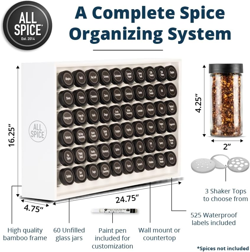 AllSpice Spice Rack Organizer, Wood, 525 Unique Labels, Countertop or Wall Mount, Includes 60 4oz