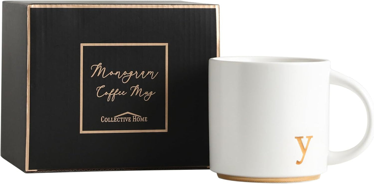 COLLECTIVE HOME - Monogram Ceramic Mugs, 15 oz Golden Initial Coffee Cups, Elegant Alphabet Tea