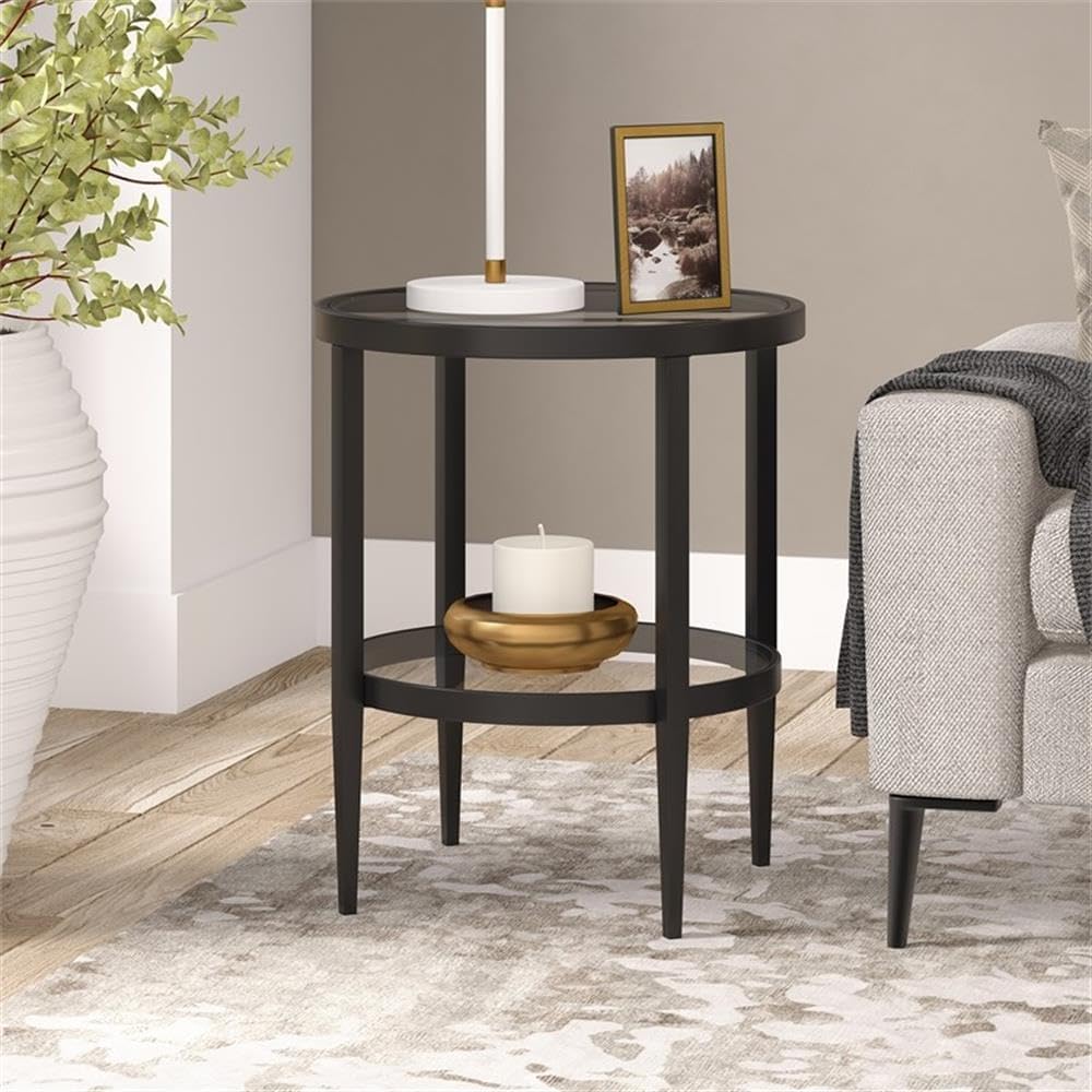 Henn&Hart 20" Wide Round Side Table with Glass Shelf in Blackened Bronze, Table for Living Room