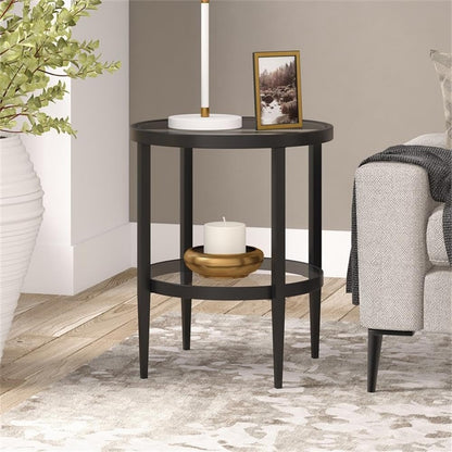 Henn&Hart 20" Wide Round Side Table with Glass Shelf in Blackened Bronze, Table for Living Room