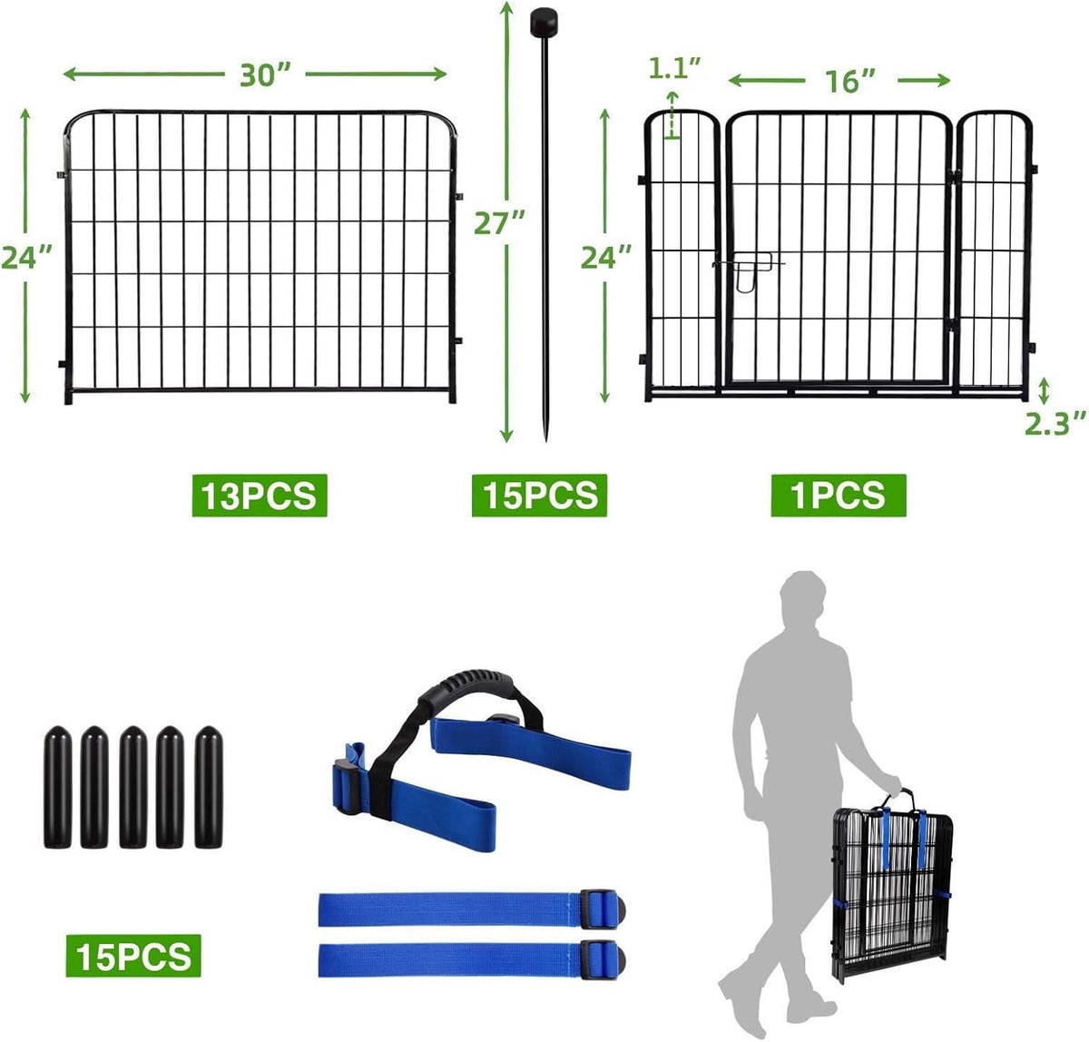 ADAVIN 24 in(H) Garden Fence with Low Threshold Door,14 Panels Total 34.5 Ft(L) Dog Fence Outdoor