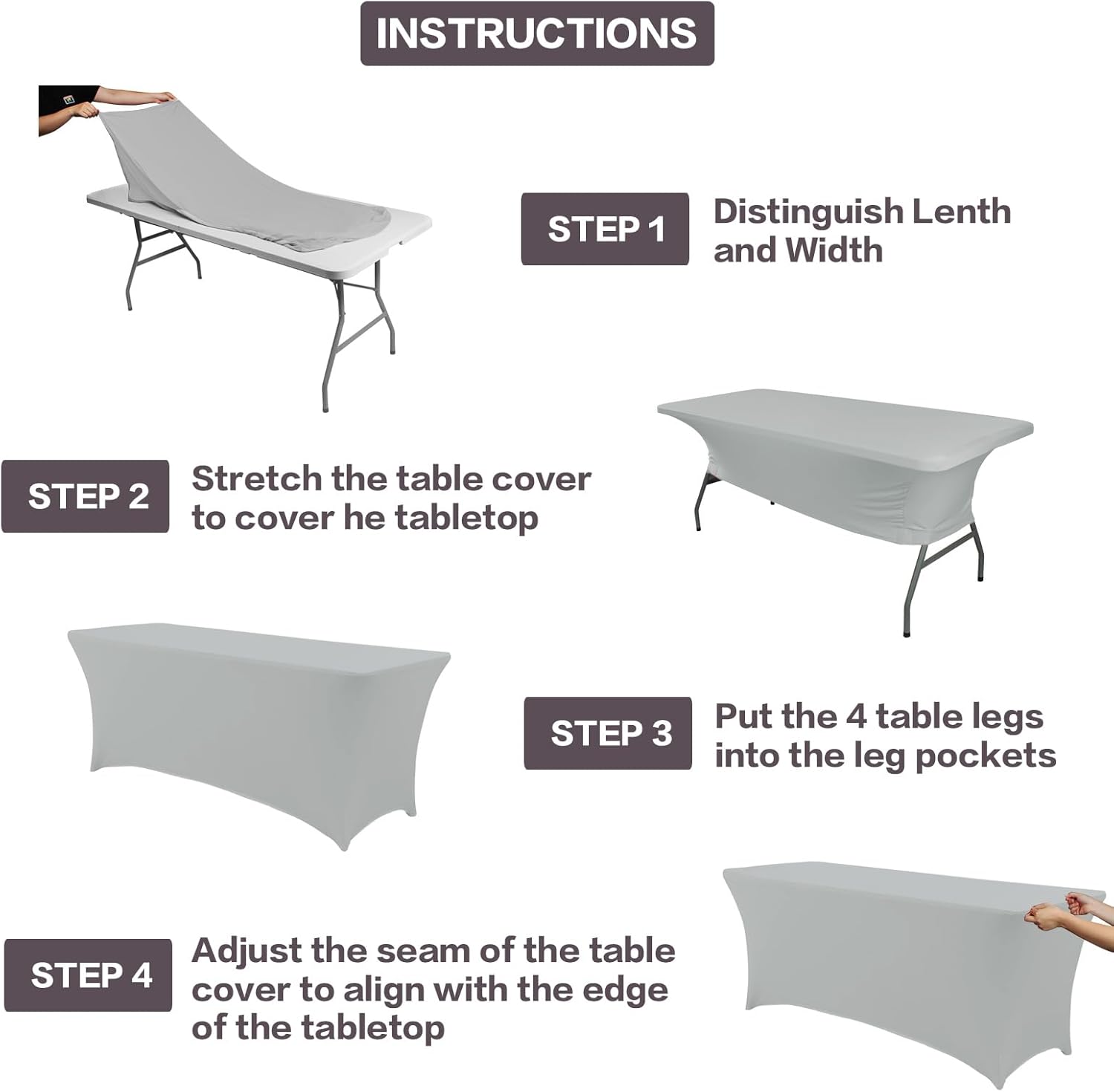 IVAPUPU 2 Pack 8FT Table Cloth for Rectangular Fitted Events Stretch Grey Table Covers Washable