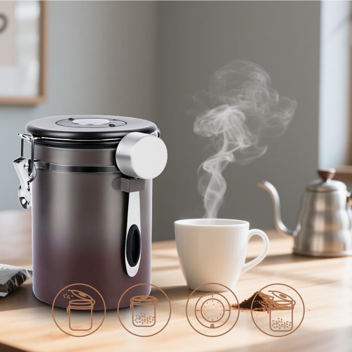 Coffee Canister Airtight Storage Container Stainless Steel Coffee Jar with Scoop,Date Tracker CO2