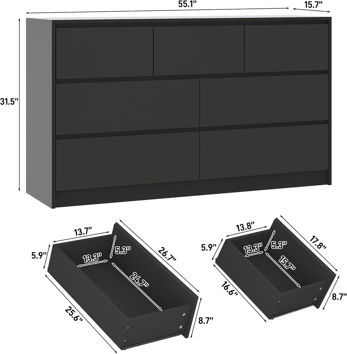 Black Malm Dresser for Bedroom, 55 Inch Long High Gloss Dresser with 7 Drawers, Modern Large Wood