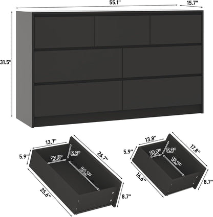 Black Malm Dresser for Bedroom, 55 Inch Long High Gloss Dresser with 7 Drawers, Modern Large Wood