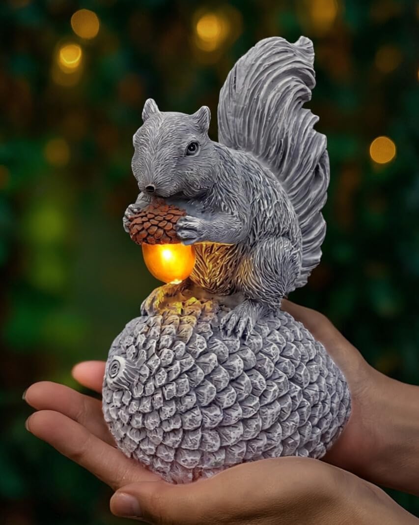 Solar Garden Statue – Hand-Painted Resin Squirrel on Pinecone with Glowing LED Acorn – Charming