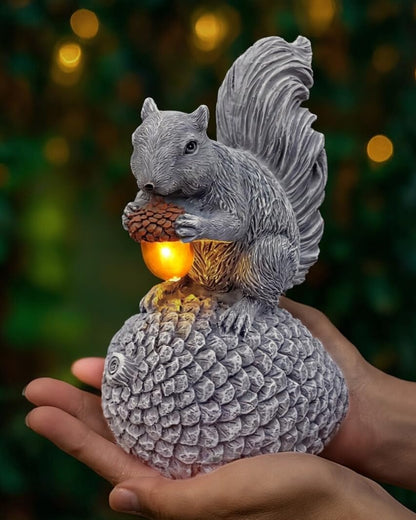 Solar Garden Statue – Hand-Painted Resin Squirrel on Pinecone with Glowing LED Acorn – Charming